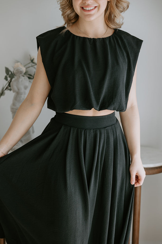 Bubble Top & Midi Skirt Set - Black