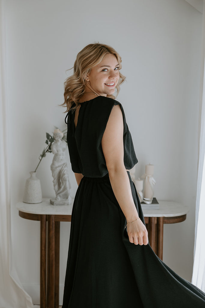 Bubble Top & Midi Skirt Set - Black