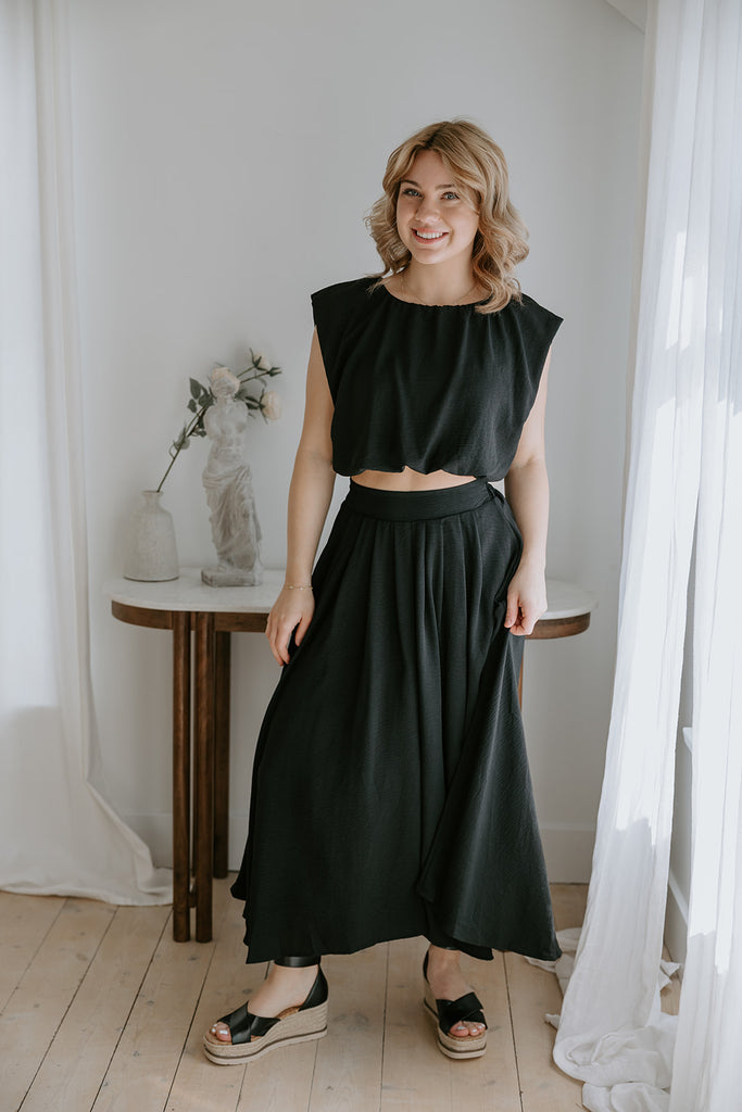 Bubble Top & Midi Skirt Set - Black