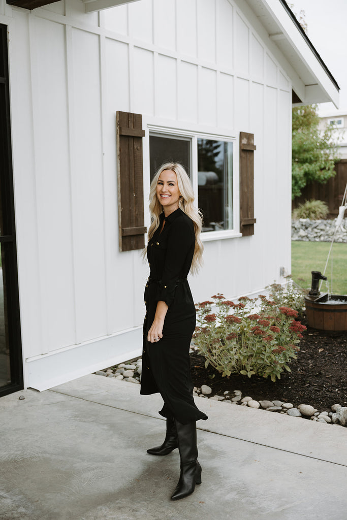 Button Up Belted Dress - Black