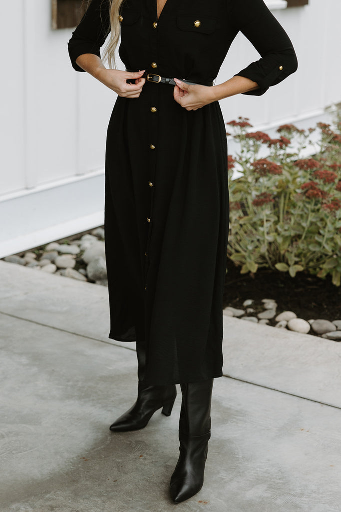 Button Up Belted Dress - Black