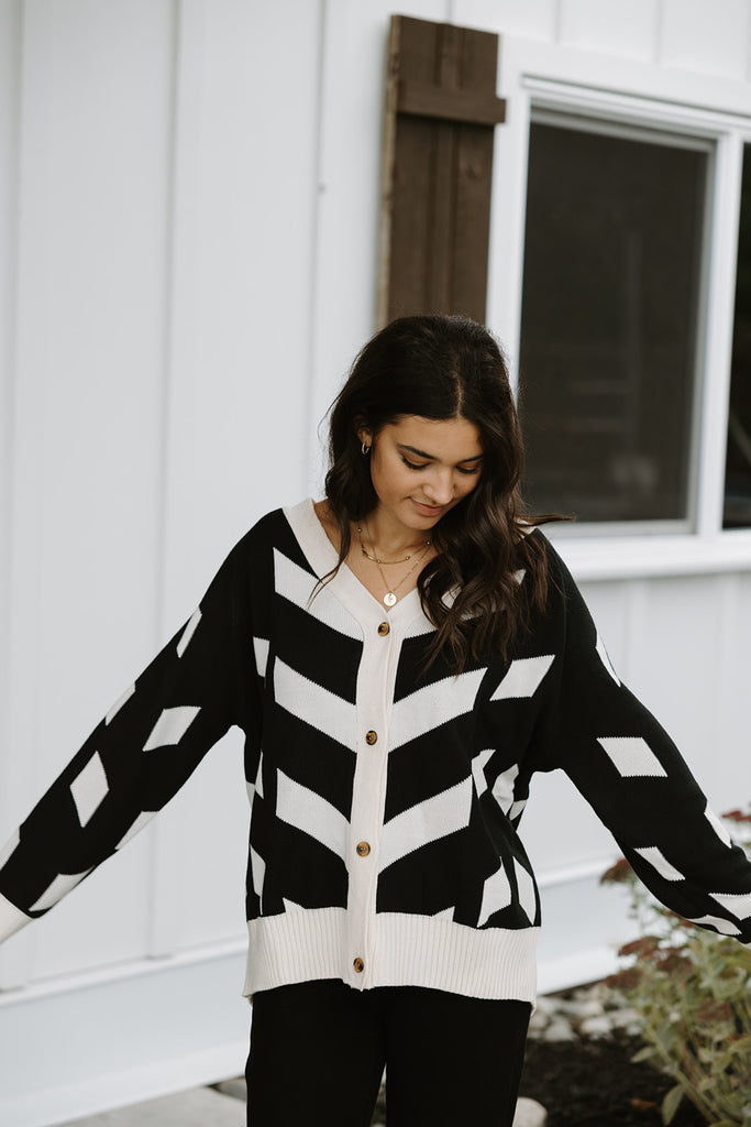 Black And Cream Patterned Cardigan