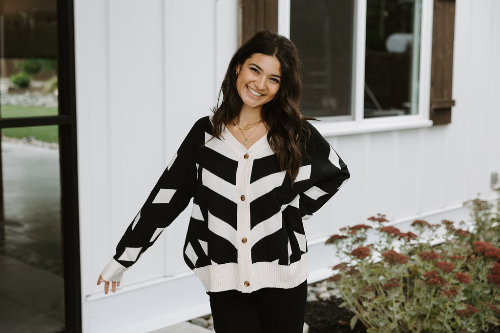 Black And Cream Patterned Cardigan
