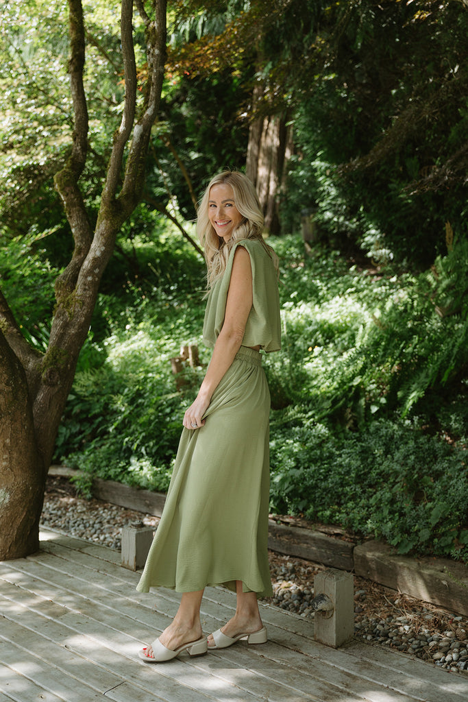 Bubble Top & Midi Skirt Set - Olive