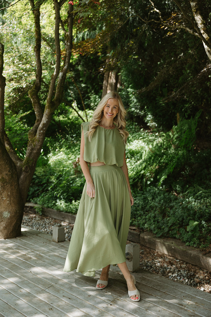 Bubble Top & Midi Skirt Set - Olive