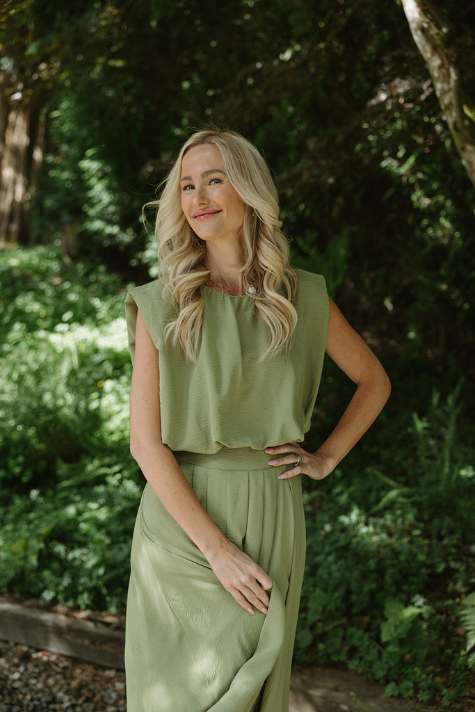 Bubble Top & Midi Skirt Set - Olive