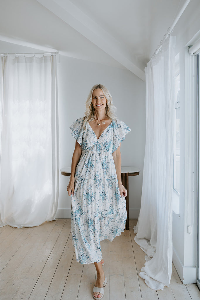 Cap Sleeve Floral Dress - Blue