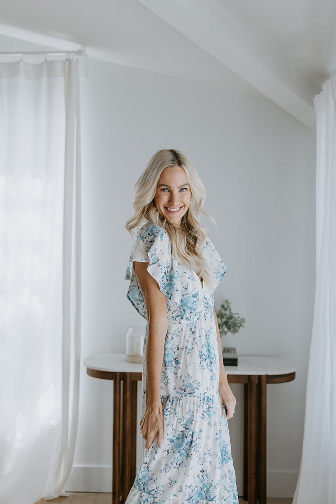 Cap Sleeve Floral Dress - Blue