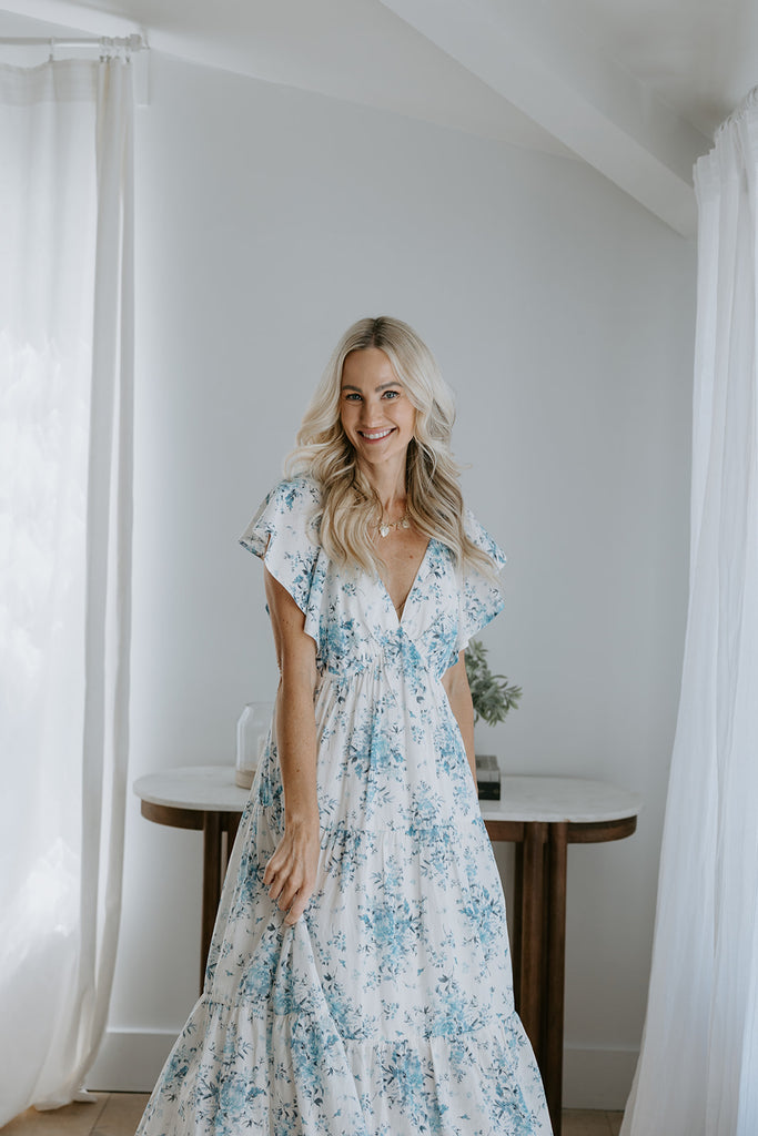 Cap Sleeve Floral Dress - Blue