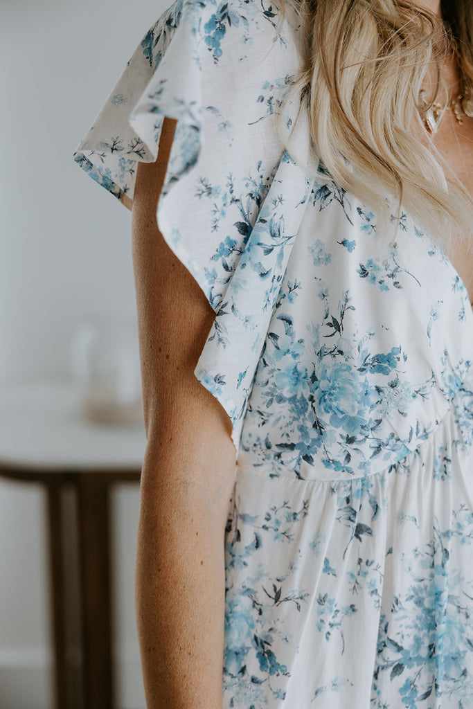 Cap Sleeve Floral Dress - Blue