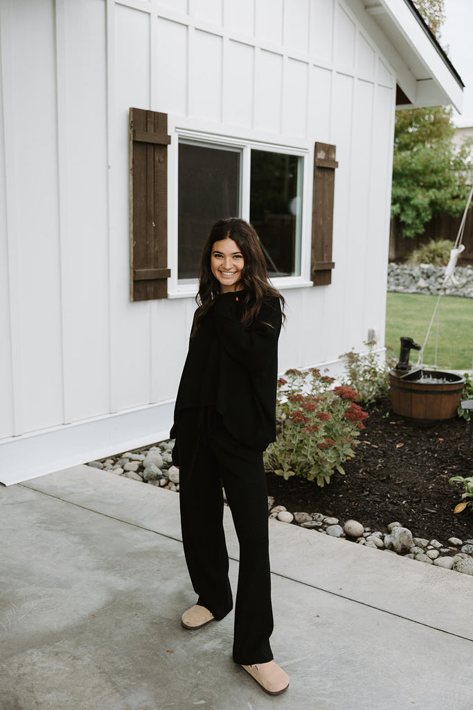 Waffle Textured Sweater & Pant Set - Black