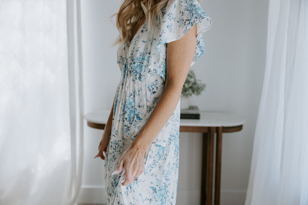 Cap Sleeve Floral Dress - Blue