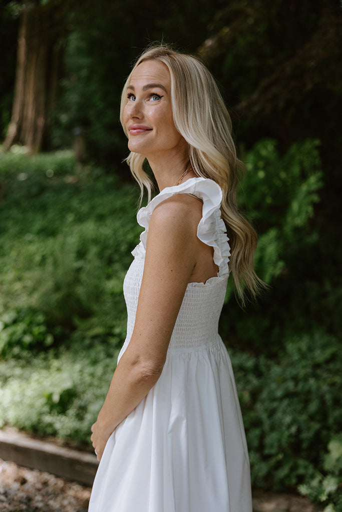 Smocked & Ruffle Midi With Eyelet Details - White