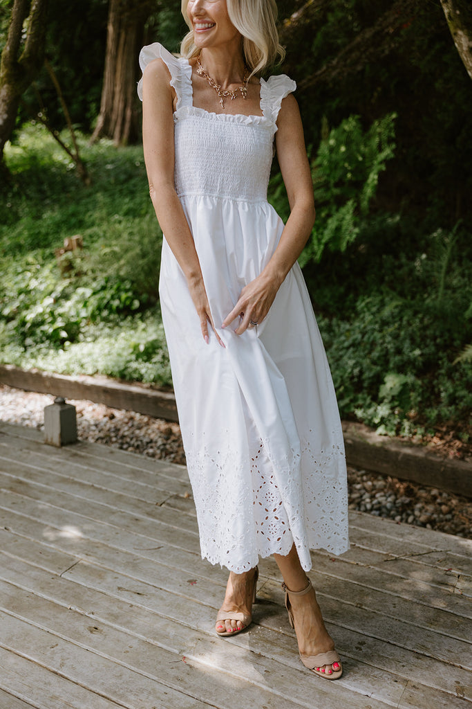 Smocked & Ruffle Midi With Eyelet Details - White