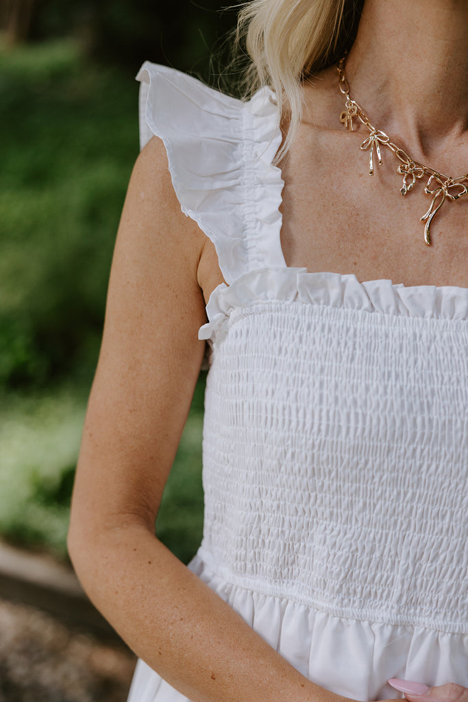 Smocked & Ruffle Midi With Eyelet Details - White