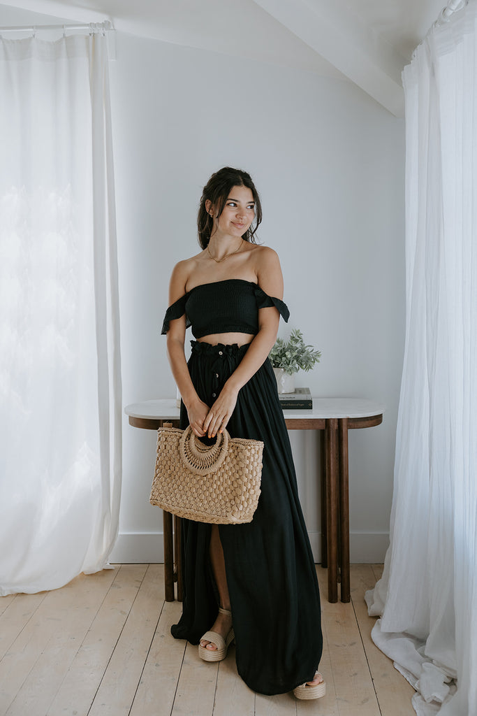 Boho Smocked Top & Maxi Skirt Set - Black