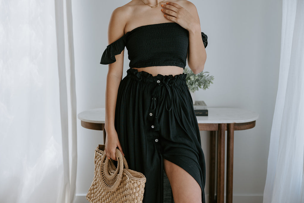 Boho Smocked Top & Maxi Skirt Set - Black
