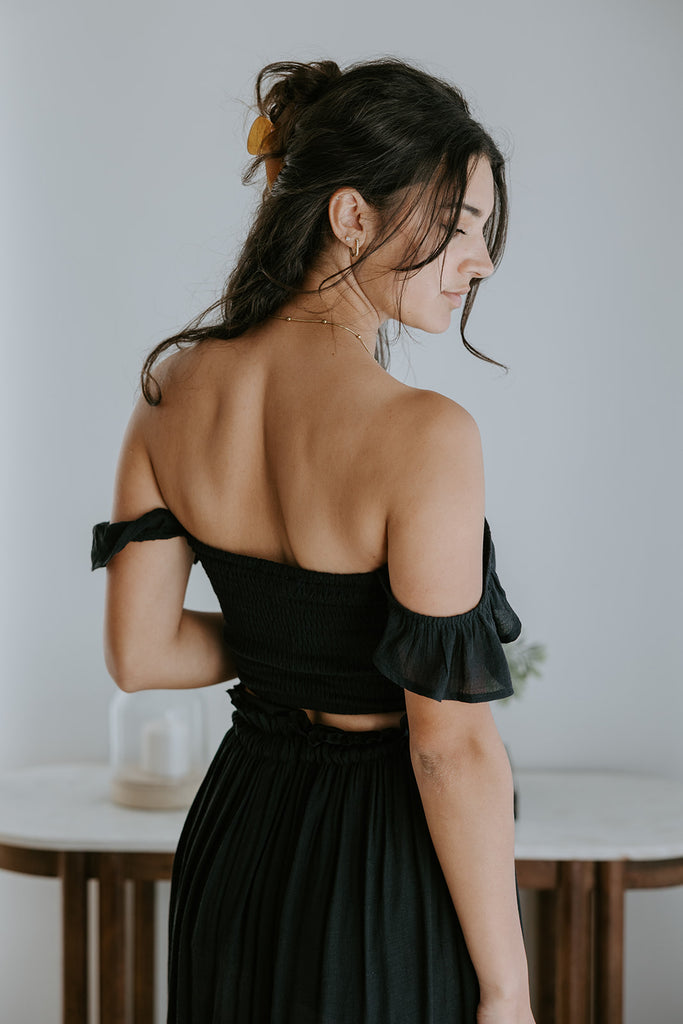 Boho Smocked Top & Maxi Skirt Set - Black