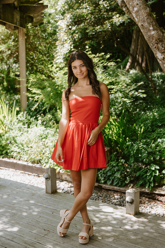 Strapless Mixed Material Dress - Red