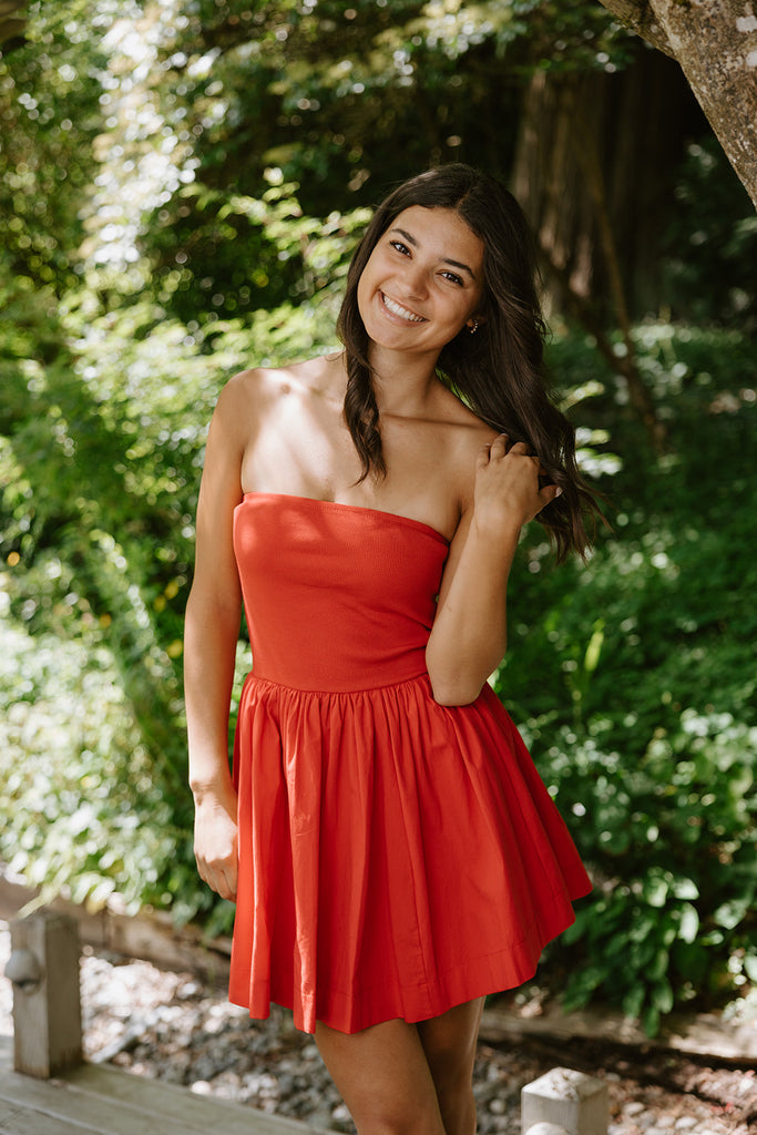Strapless Mixed Material Dress - Red