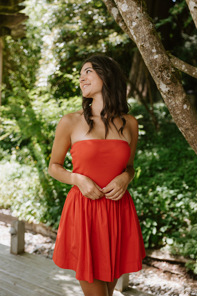 Strapless Mixed Material Dress - Red