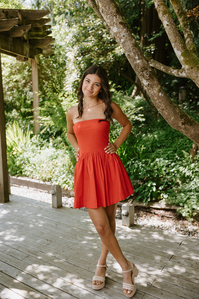 Strapless Mixed Material Dress - Red