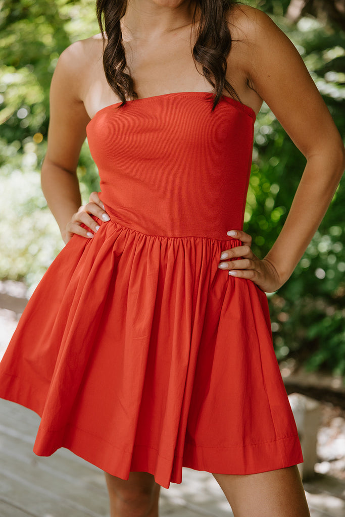 Strapless Mixed Material Dress - Red