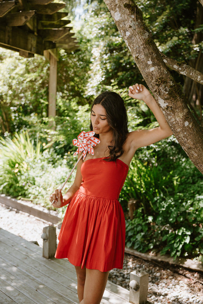 Strapless Mixed Material Dress - Red