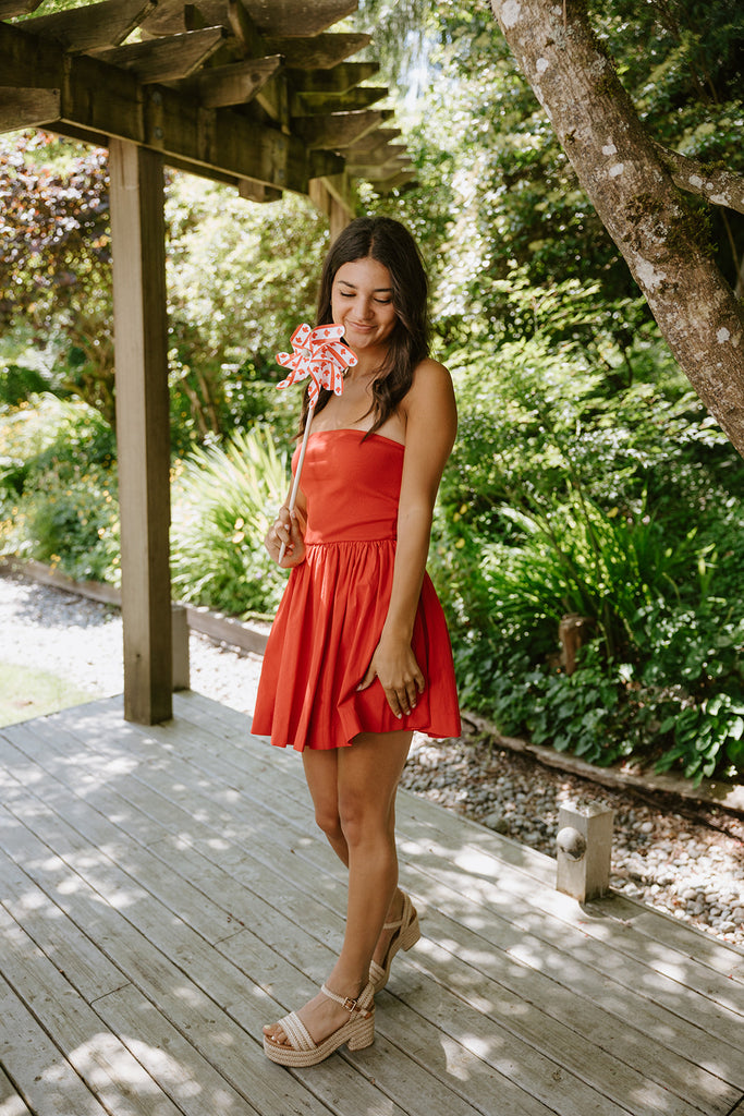 Strapless Mixed Material Dress - Red