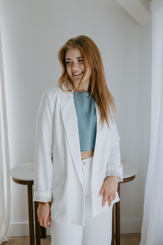 Classic Blazer with Stripe Lining - White