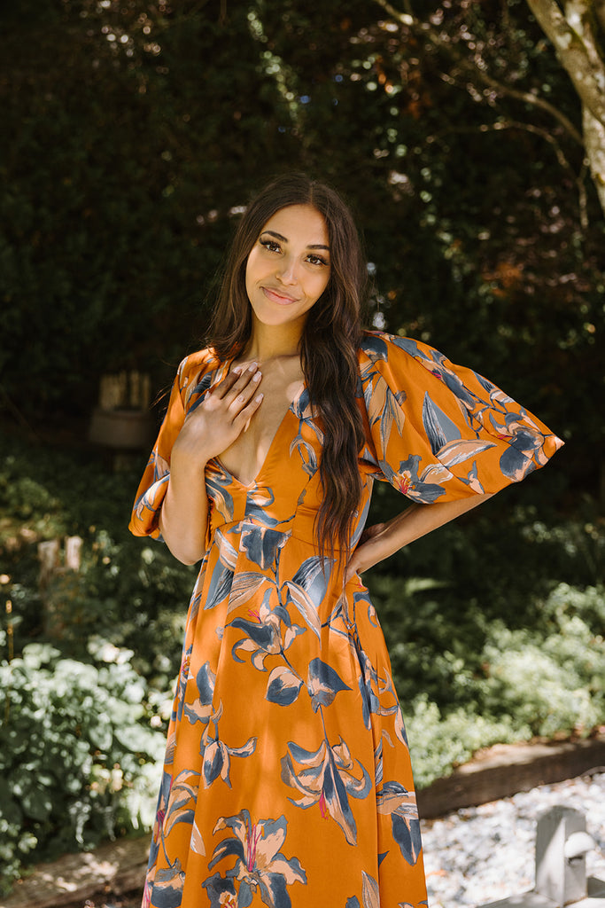 Floral Puff Sleeve Midi - Rust