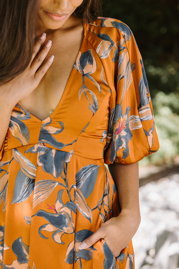 Floral Puff Sleeve Midi - Rust