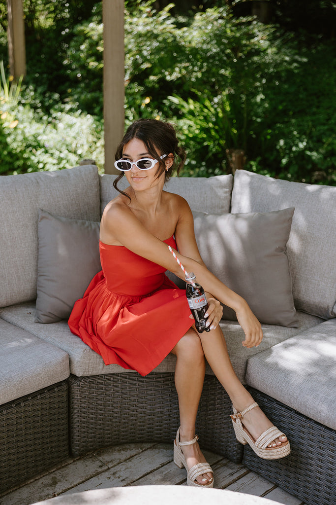 Strapless Mixed Material Dress - Red