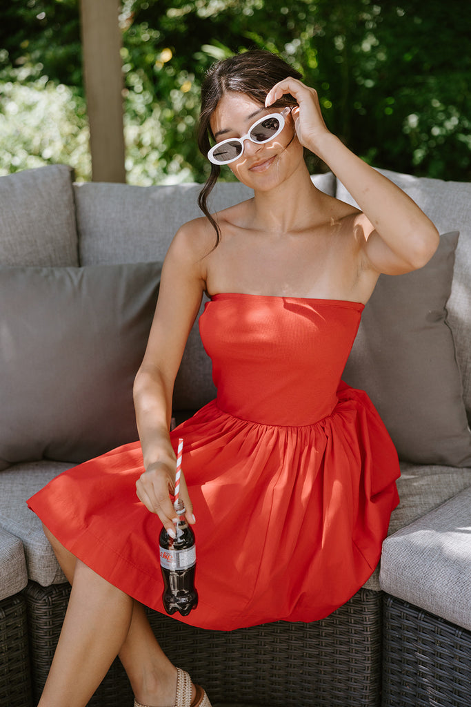 Strapless Mixed Material Dress - Red