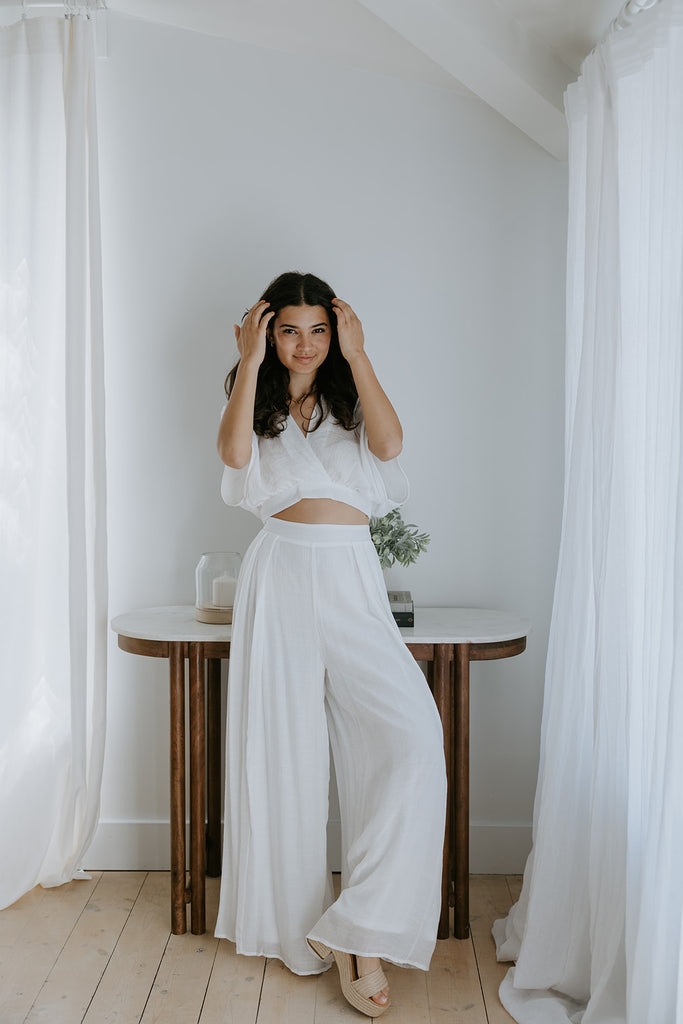 Drape Top with Flowy Pant Set - White