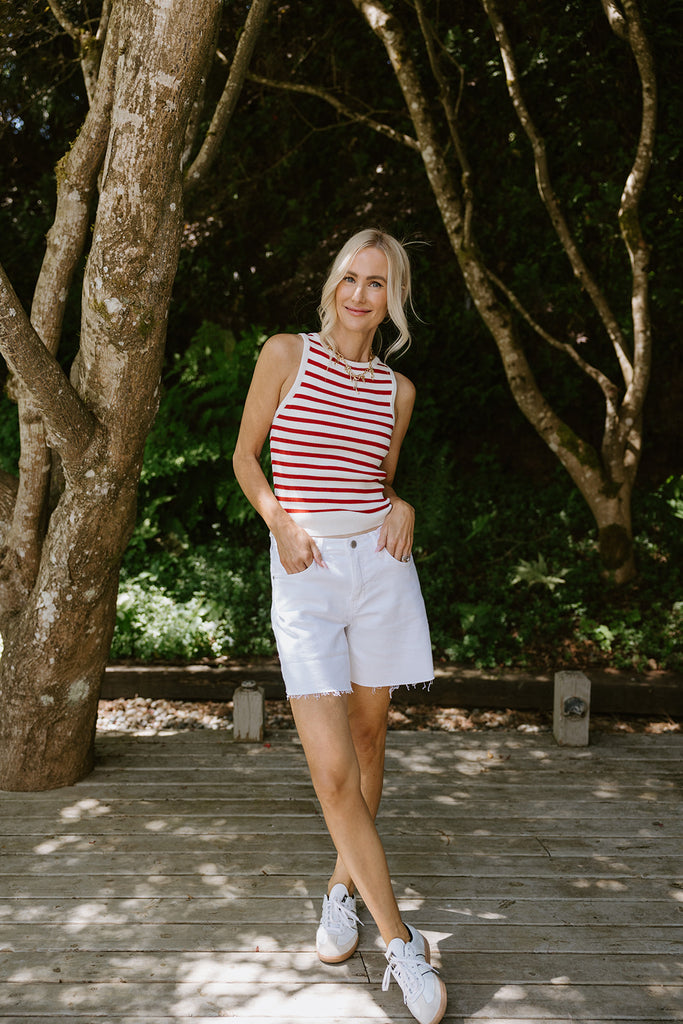 Striped Thin Knit Tank - Red/Cream