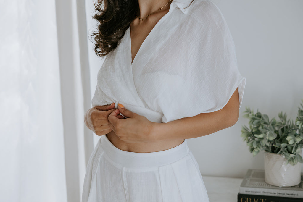 Drape Top with Flowy Pant Set - White