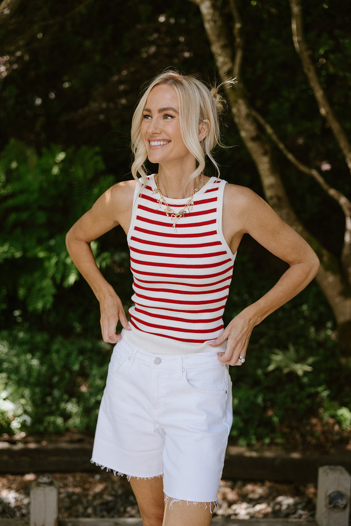 Striped Thin Knit Tank - Red/Cream