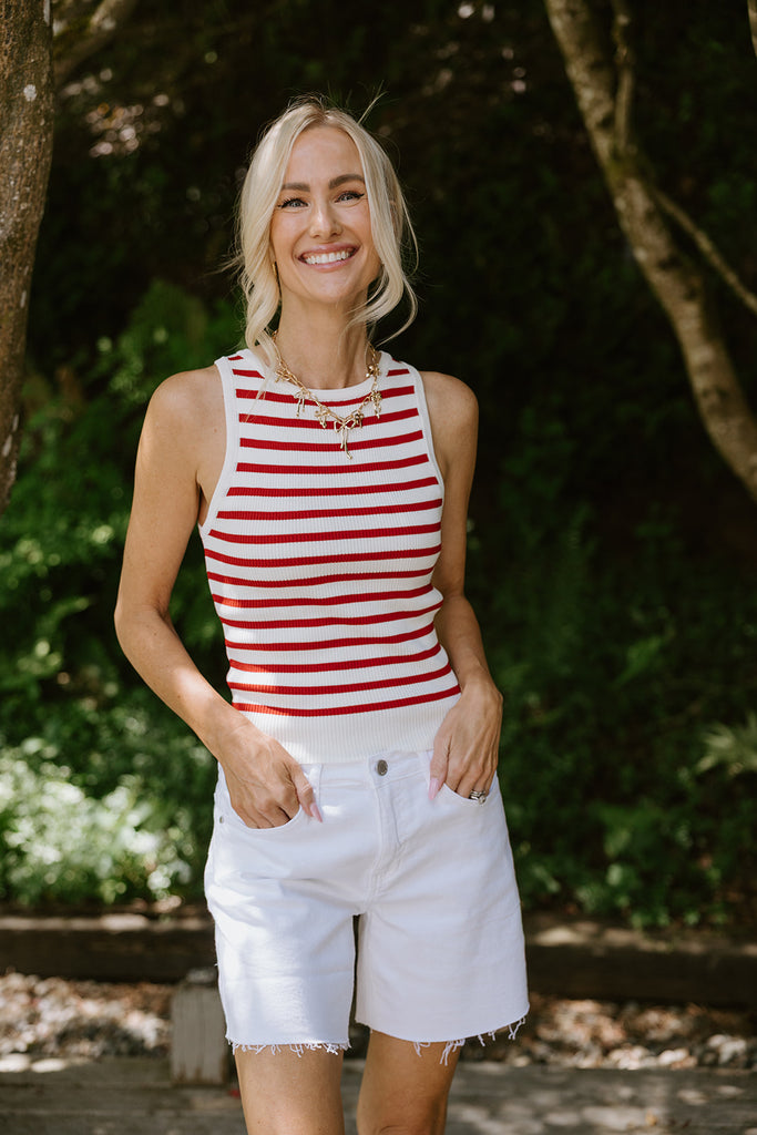 Striped Thin Knit Tank - Red/Cream