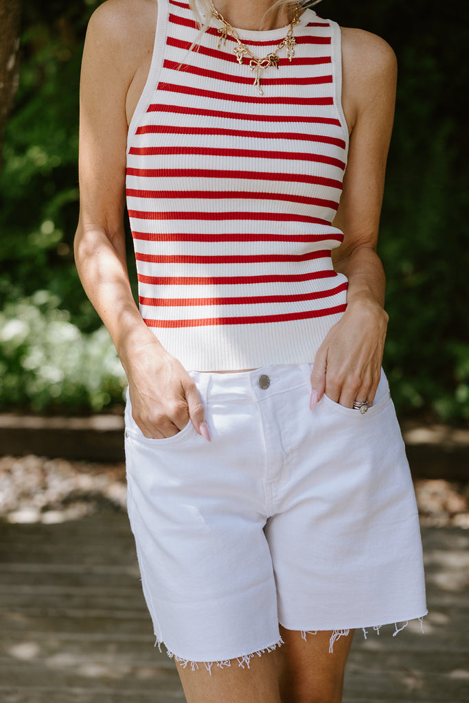 Striped Thin Knit Tank - Red/Cream