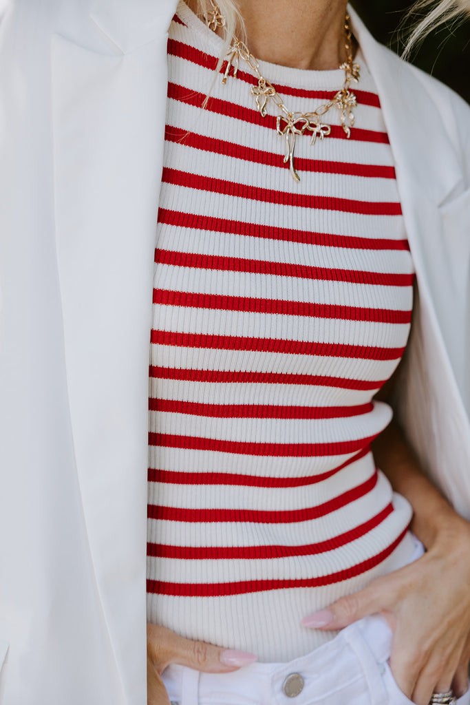 Striped Thin Knit Tank - Red/Cream