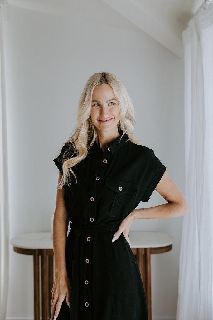 Button Up Utility Dress With Pockets - Black