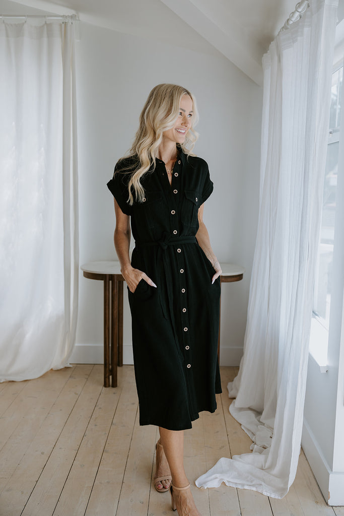 Button Up Utility Dress With Pockets - Black
