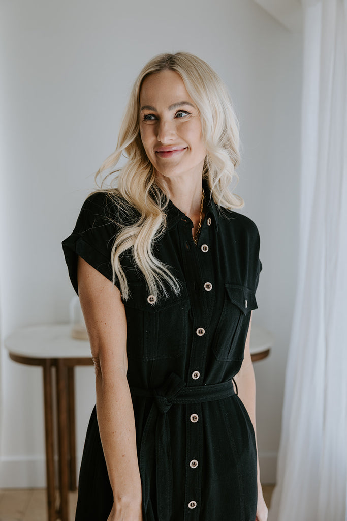 Button Up Utility Dress With Pockets - Black