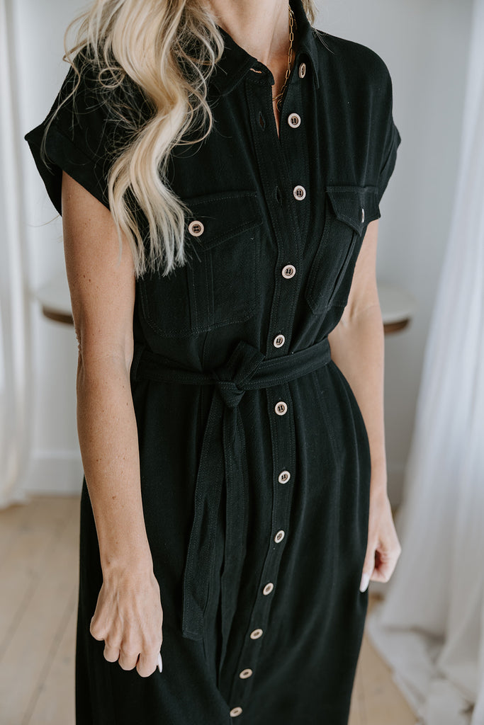 Button Up Utility Dress With Pockets - Black