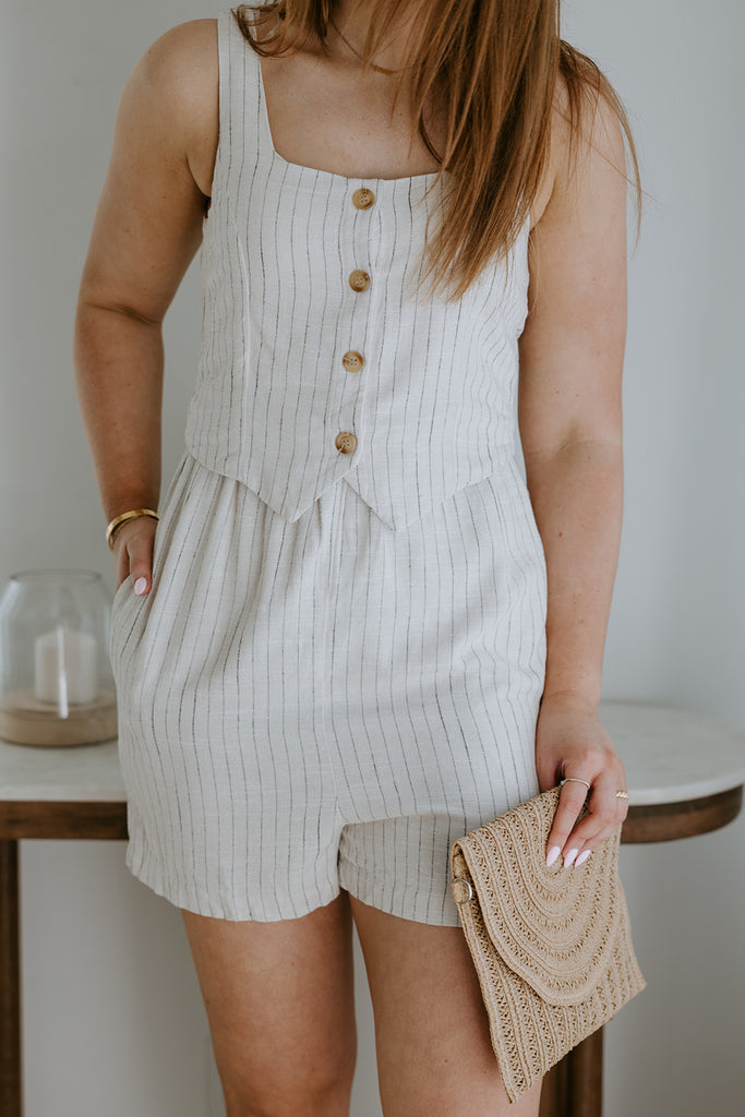 Faux-Set Button Up Vest Romper - Stripe