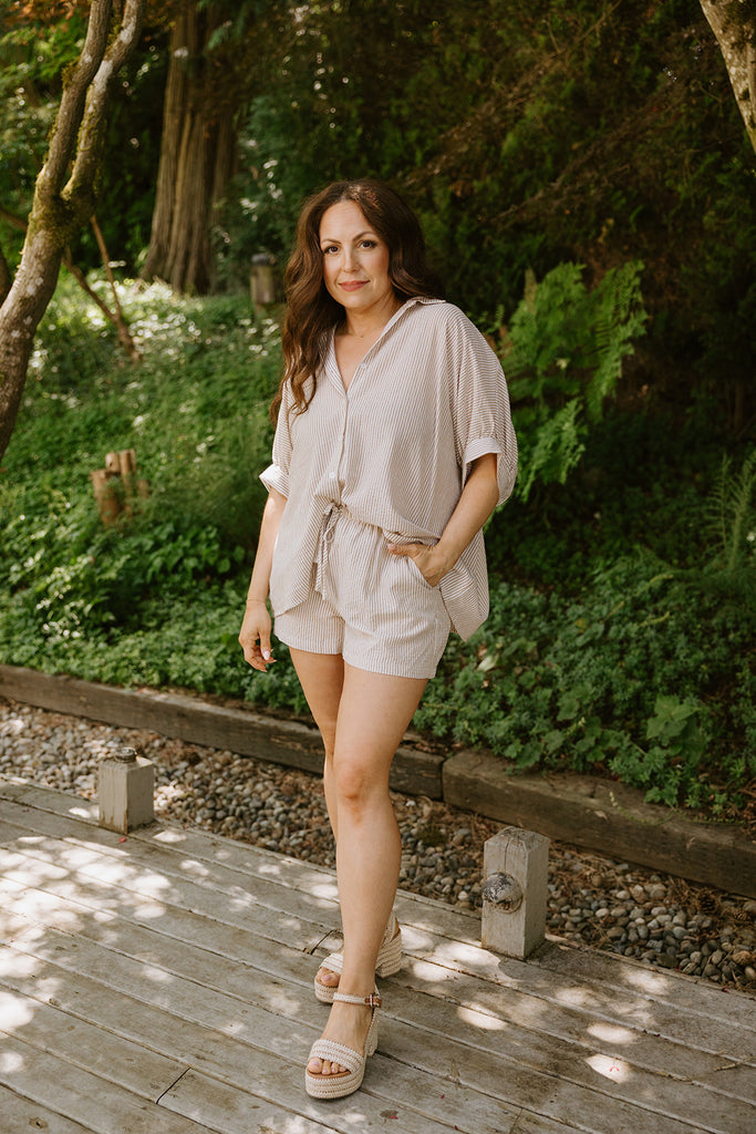 Oversized Striped Shirt & Short Set - Taupe