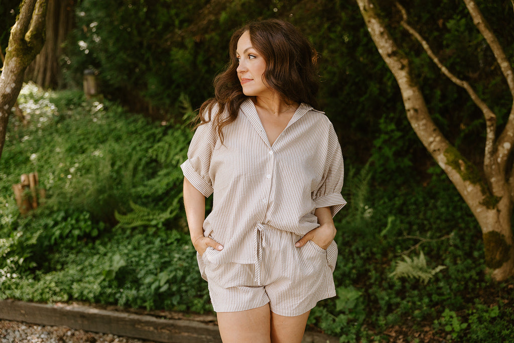 Oversized Striped Shirt & Short Set - Taupe