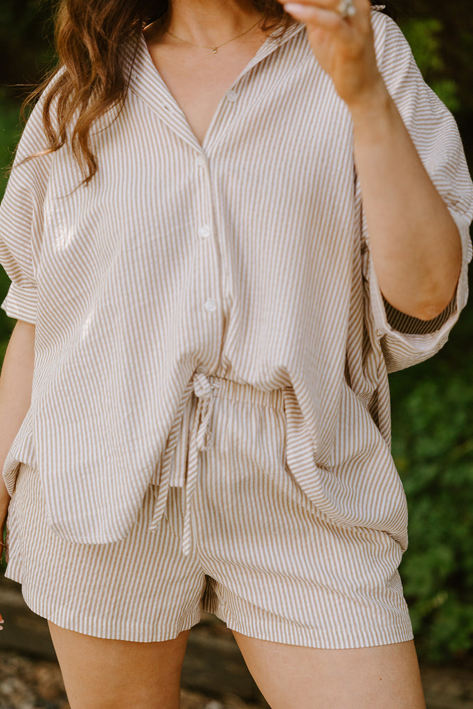 Oversized Striped Shirt & Short Set - Taupe