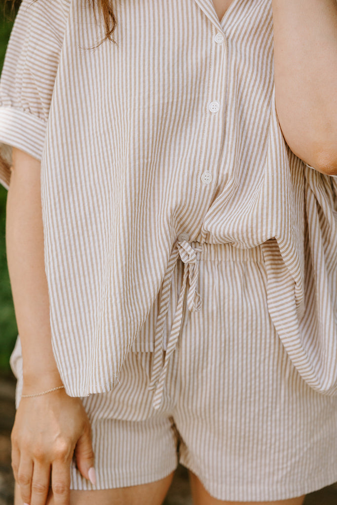Oversized Striped Shirt & Short Set - Taupe